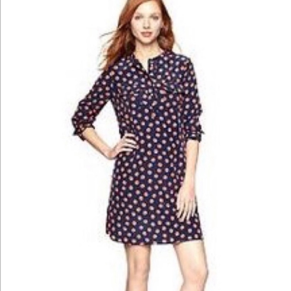 GAP blue orange polka dot shirt dress button cuff collarless 5 button …